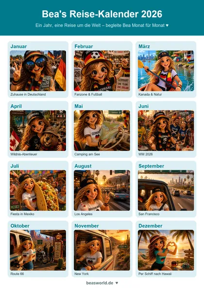 Bea's Reise-Kalender 2026 – jeder Monat eine Reisestation
