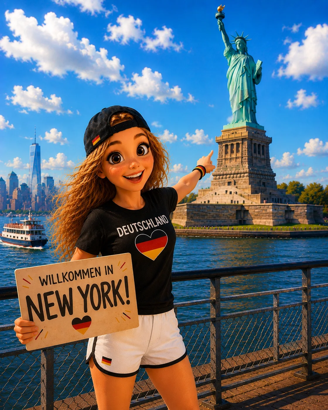 Bea vor der Freiheitsstatue in New York