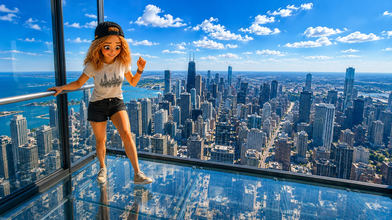 Bea auf dem Glasboden hoch über Chicago