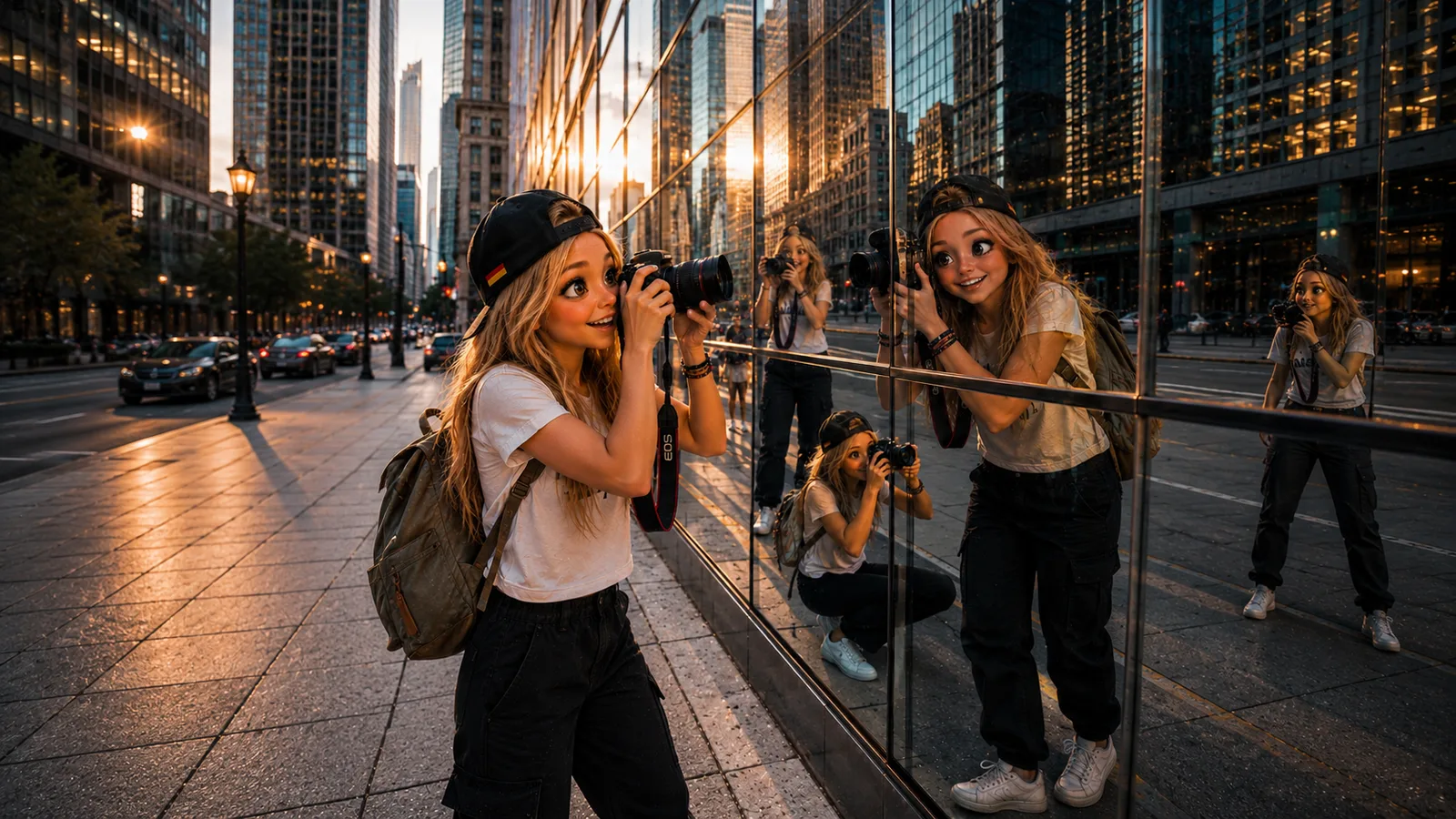 Bea fotografiert ihr Spiegelbild in einer Glasfassade in Chicago