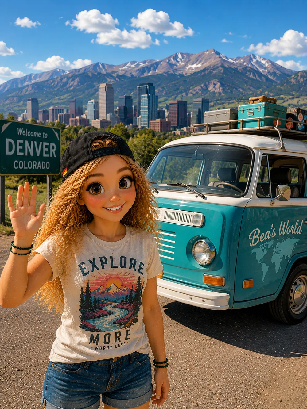Bea am Willkommensschild von Denver in Colorado