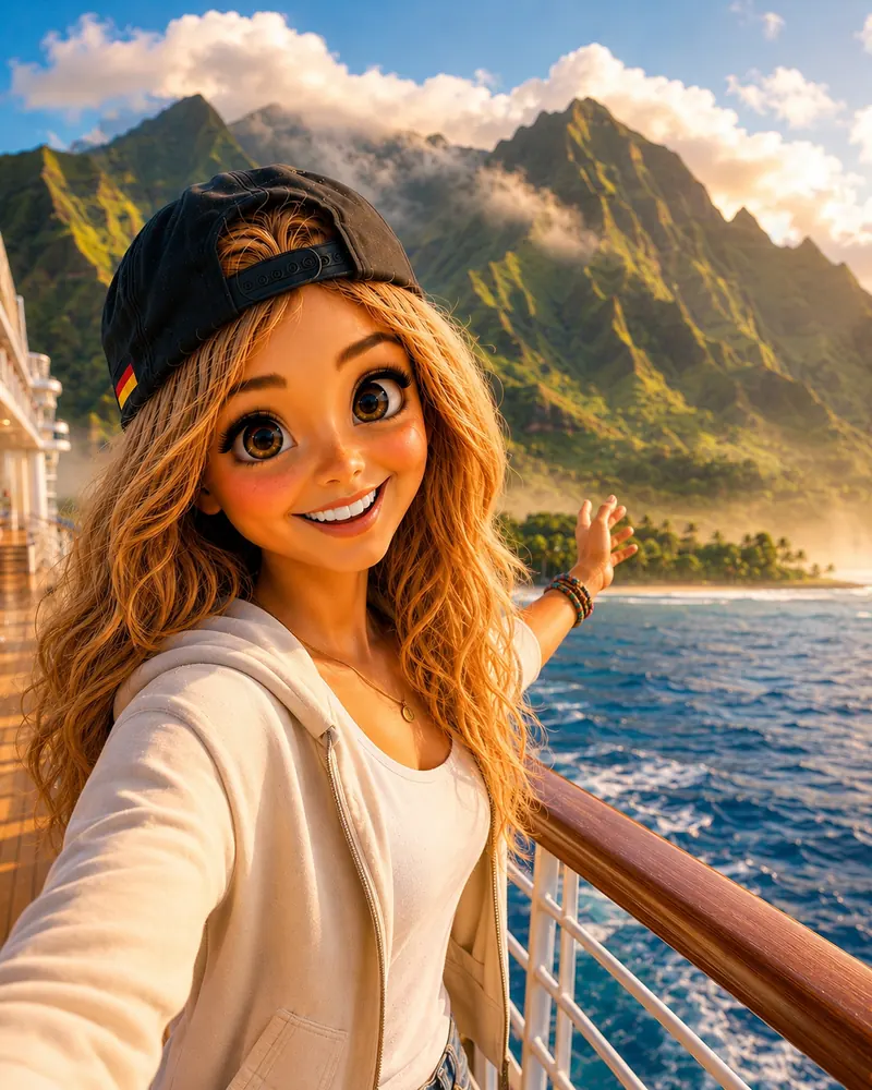 Bea an Deck mit Blick auf die Berge Hawaiis