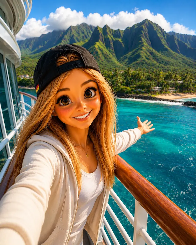 Bea macht vom Schiff aus ein Selfie vor der grünen Küste Hawaiis