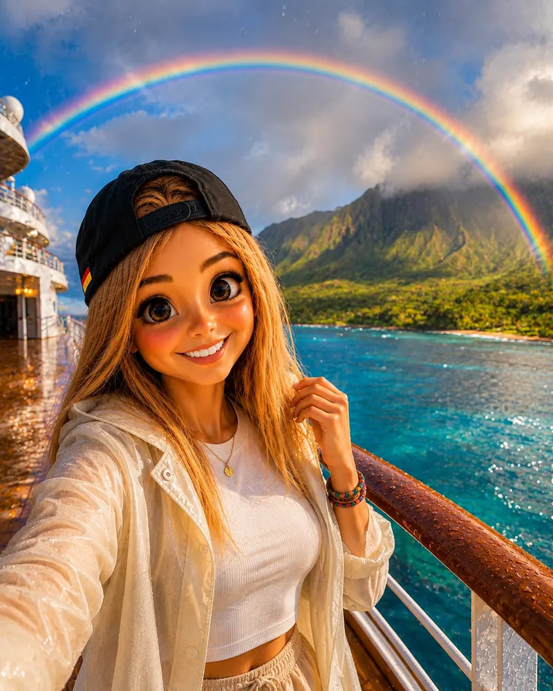 Bea an Deck vor Hawaiis Bergen mit Regenbogen