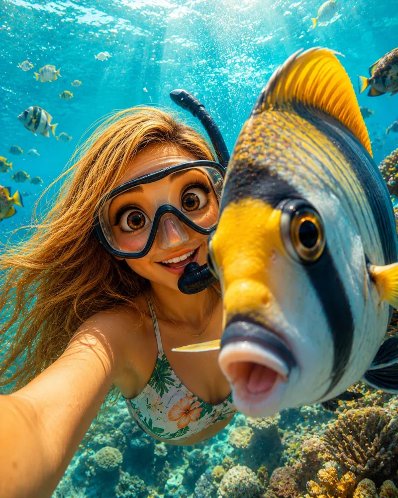Unterwasser-Selfie von Bea mit einem neugierigen gelben Fisch