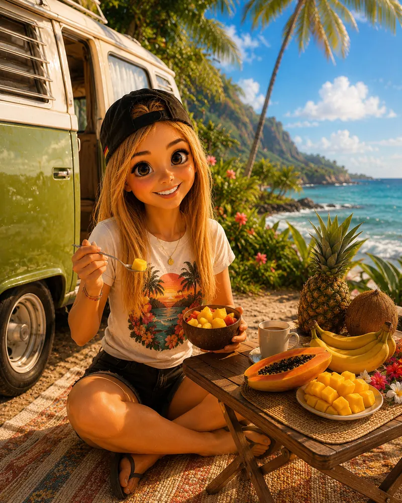 Bea frühstückt tropische Früchte vor ihrem Camper am Meer