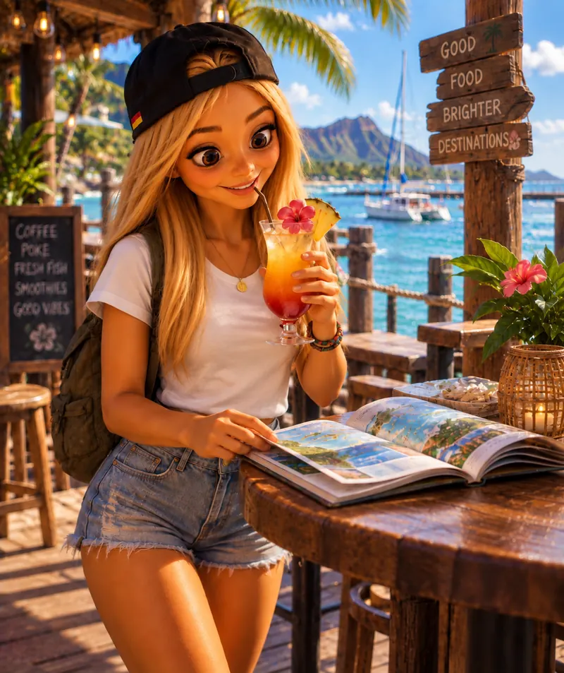 Bea mit Reisemagazin im Café am Hafen