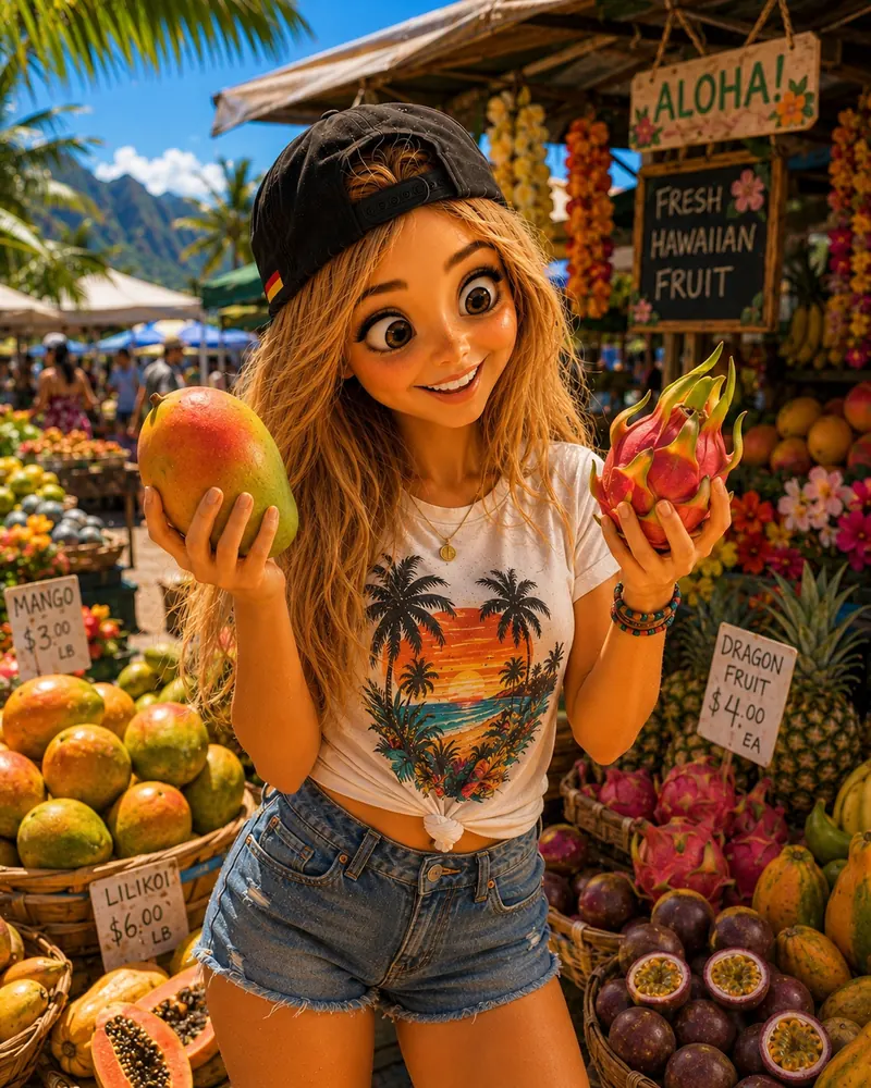 Bea mit Mango und Drachenfrucht am Obststand