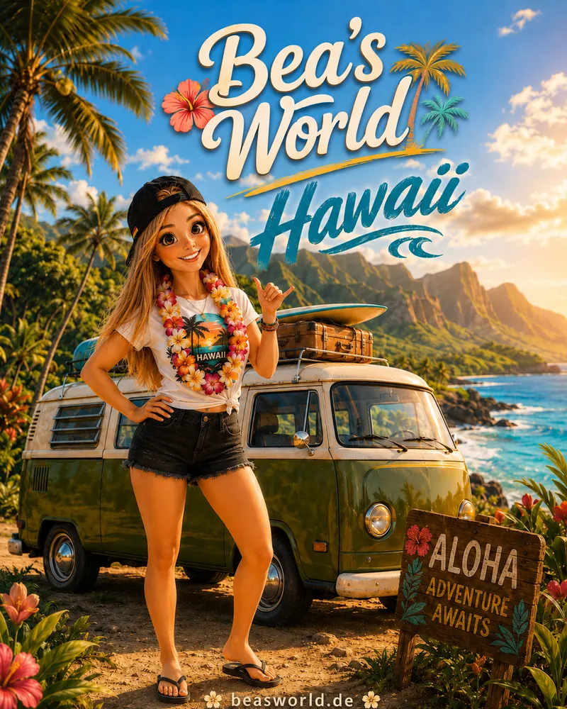 Bea vor ihrem Camper unter dem Schriftzug „Bea's World Hawaii“
