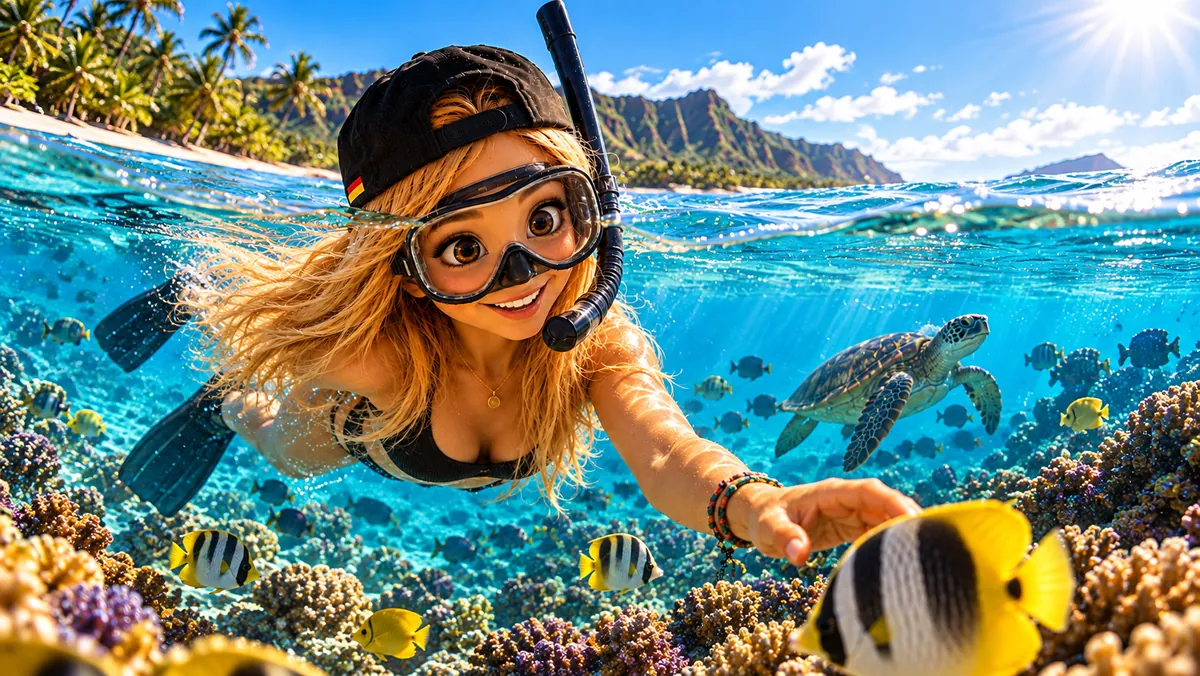 Bea schnorchelt in Hawaii zwischen Korallen, Fischen und einer Meeresschildkröte