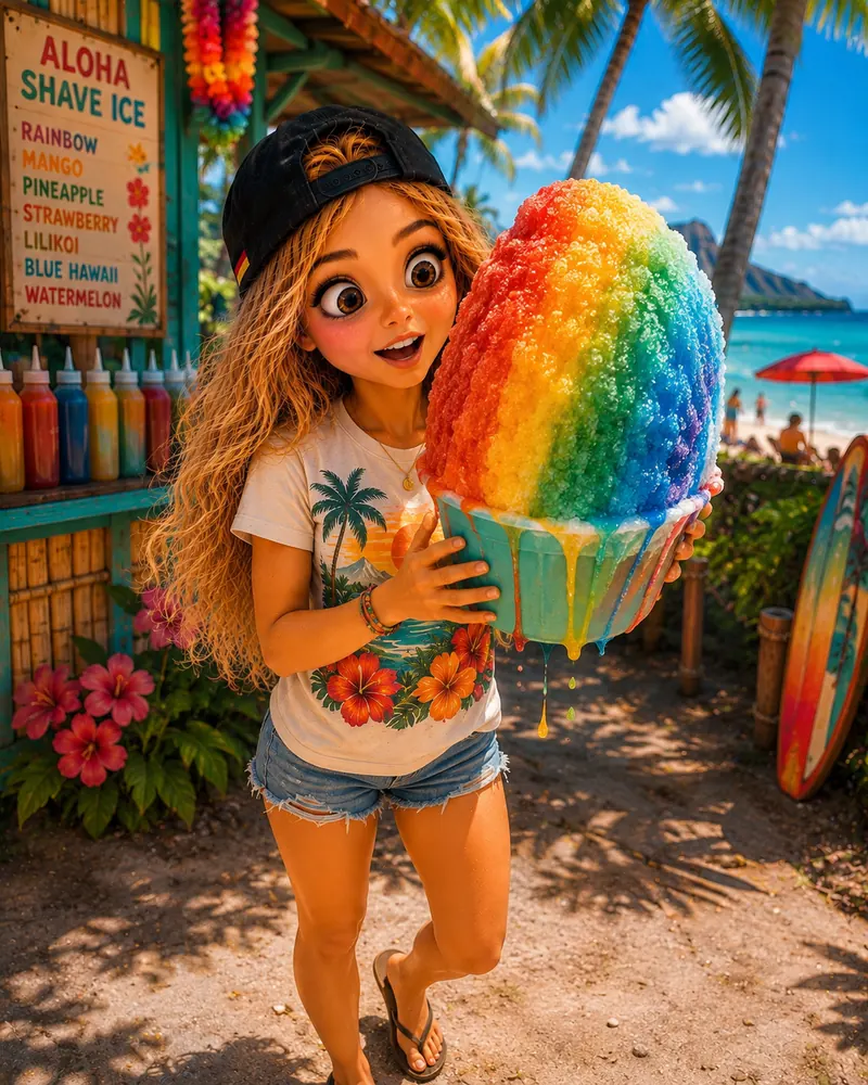 Bea mit einem bunten Shave Ice in Hawaii