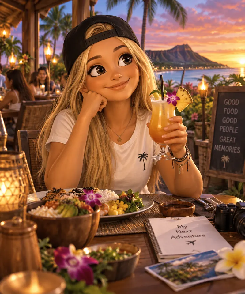 Bea mit einem Getränk in einer Strandbar bei Sonnenuntergang
