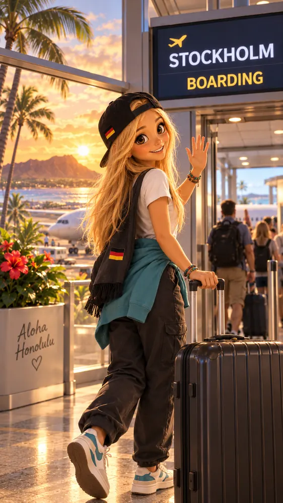 Bea winkt am Flughafen Honolulu vor der Anzeige „Stockholm Boarding“