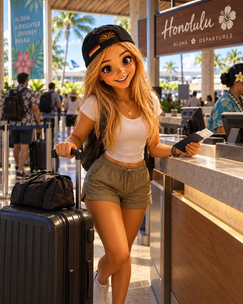 Bea beim Check-in am Flughafen Honolulu