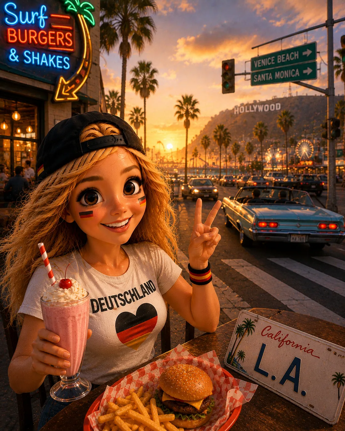 Bea in Los Angeles an der Venice Beach mit Palmen und Hollywood-Kulisse