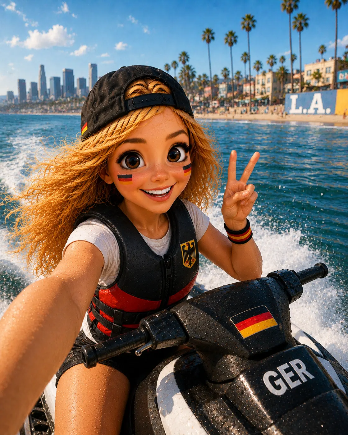 Bea auf dem Jetski vor der L.A.-Skyline