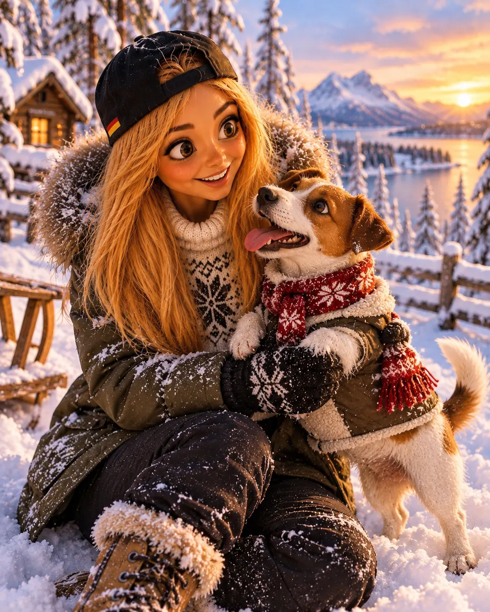 Bea umarmt ihren Hund Buddy im Schnee bei Sonnenuntergang