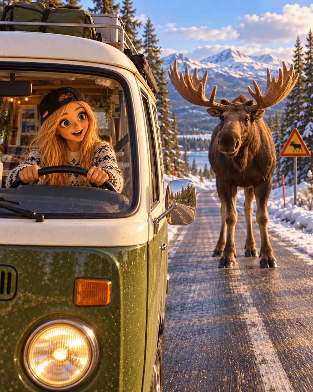 Ein Elch steht auf der verschneiten Straße vor Beas Camper