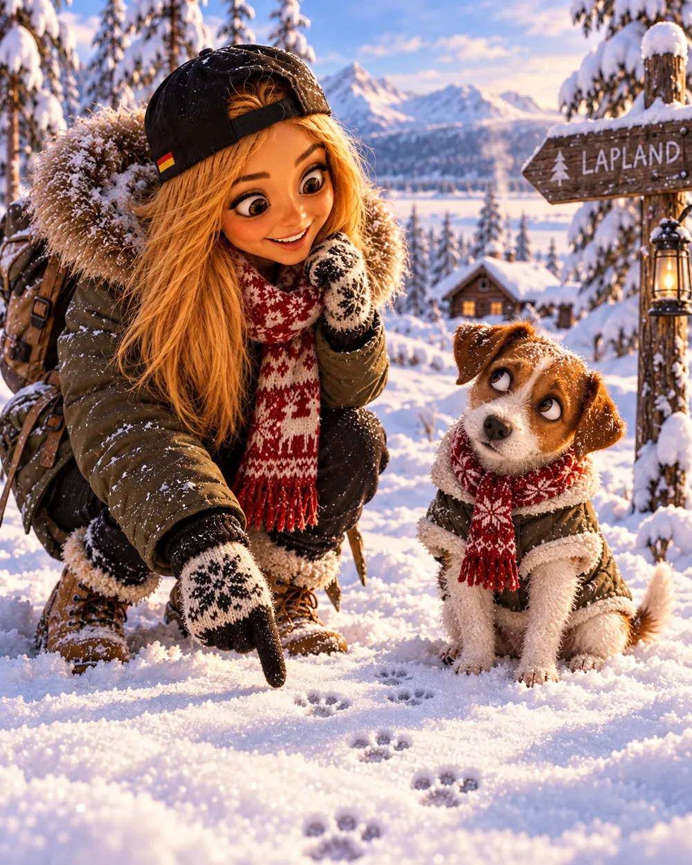 Bea zeigt Buddy Pfotenspuren im Schnee