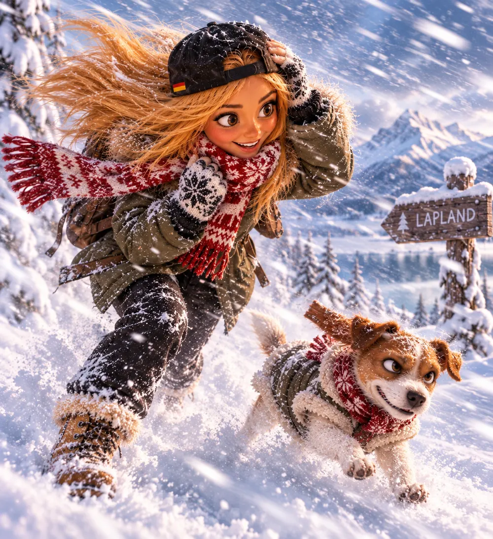 Bea rennt mit Buddy durch einen Schneesturm in Lappland