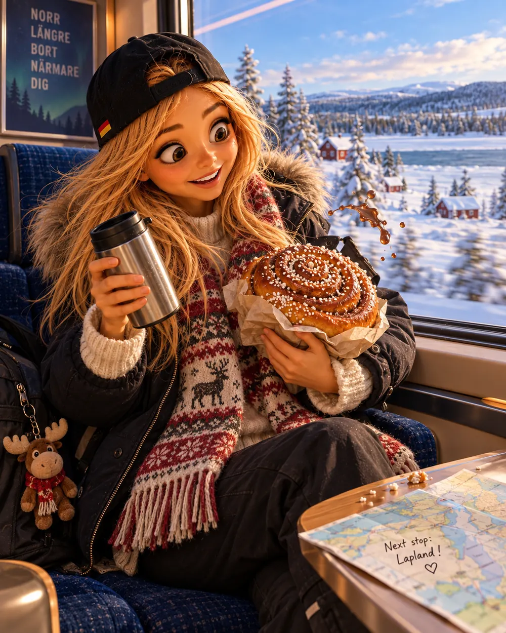 Bea mit Thermobecher und Zimtschnecke im Zug, draußen verschneite Landschaft