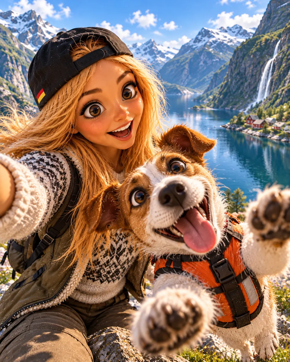 Selfie von Bea und Buddy am Fjord