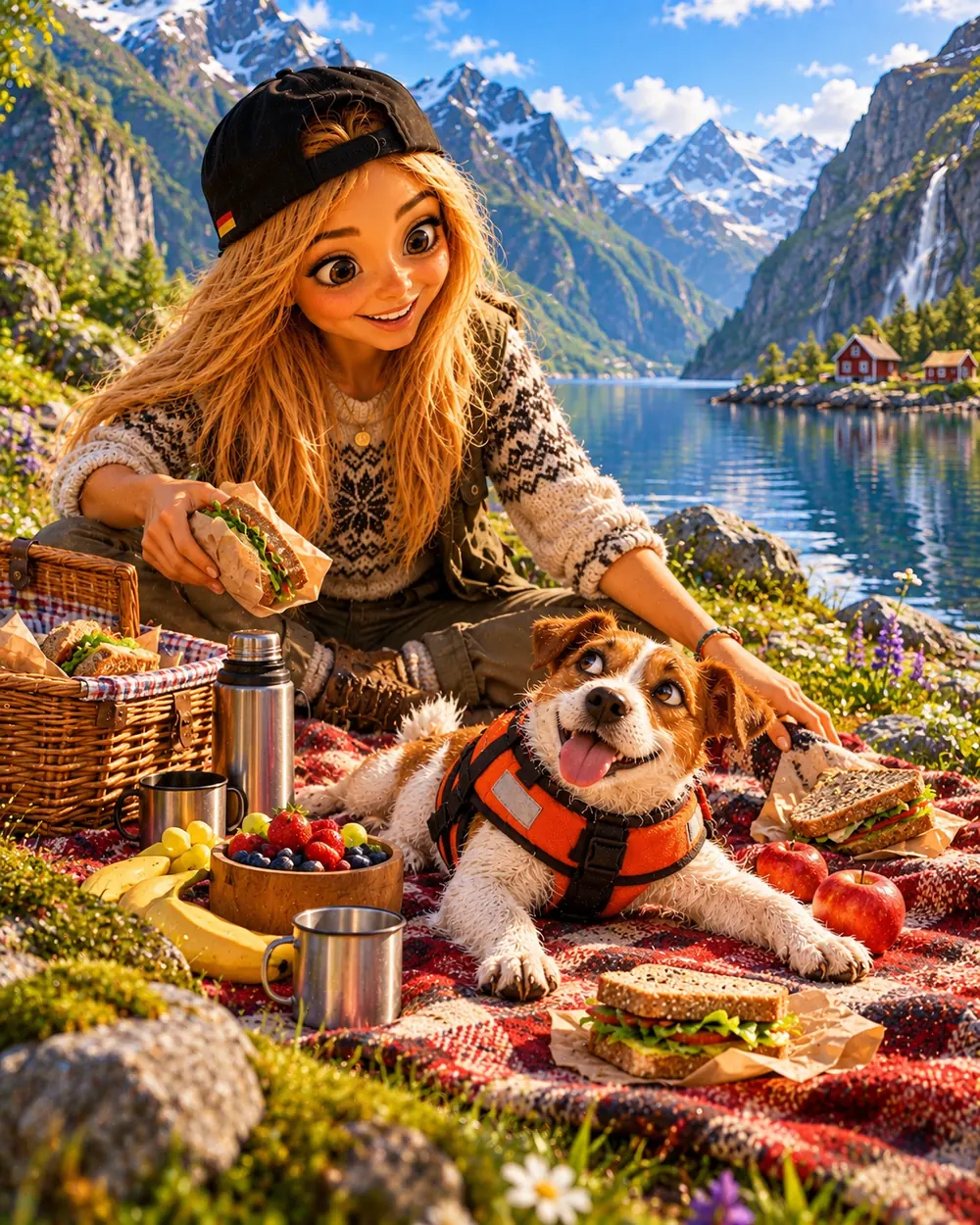 Bea und Buddy beim Picknick am norwegischen Fjord