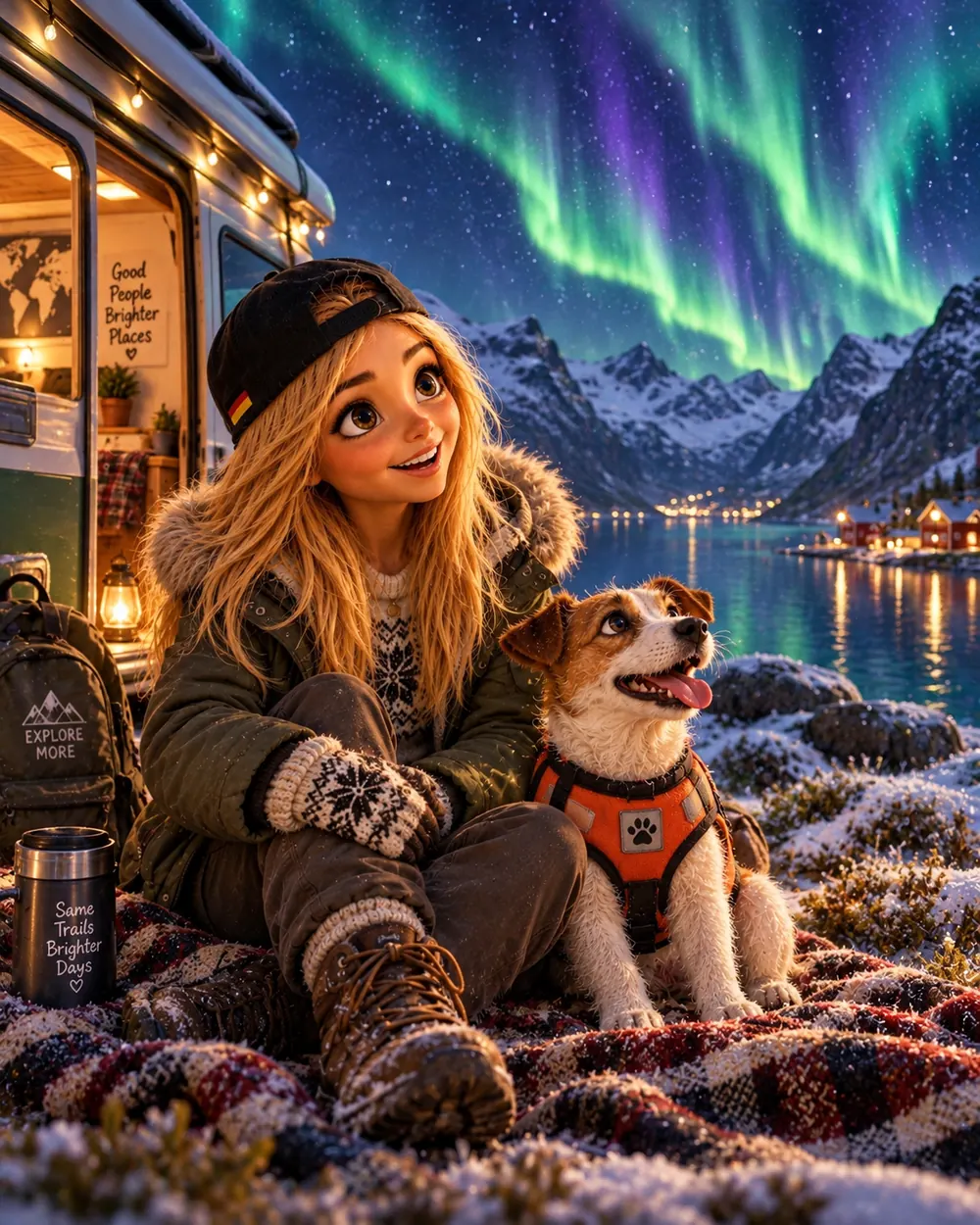 Bea und Buddy sitzen vor dem Camper unter grün leuchtendem Polarlicht