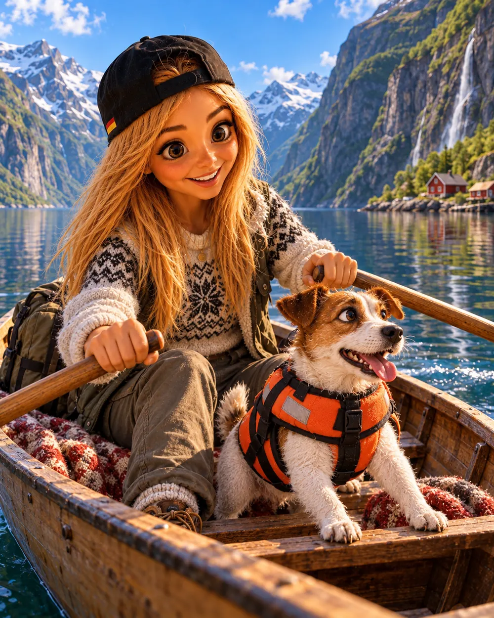 Bea rudert mit Buddy im Holzboot über einen Fjord