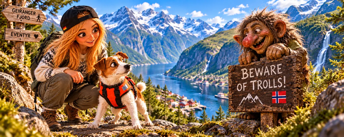 Bea und Buddy am Geirangerfjord neben einem Troll mit dem Schild Beware of Trolls