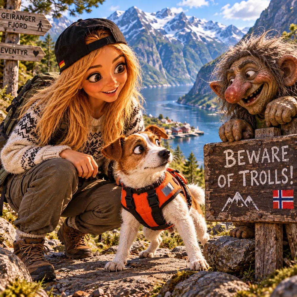 Bea und Buddy neben einem Schild Beware of Trolls, dahinter der Geirangerfjord und ein Troll
