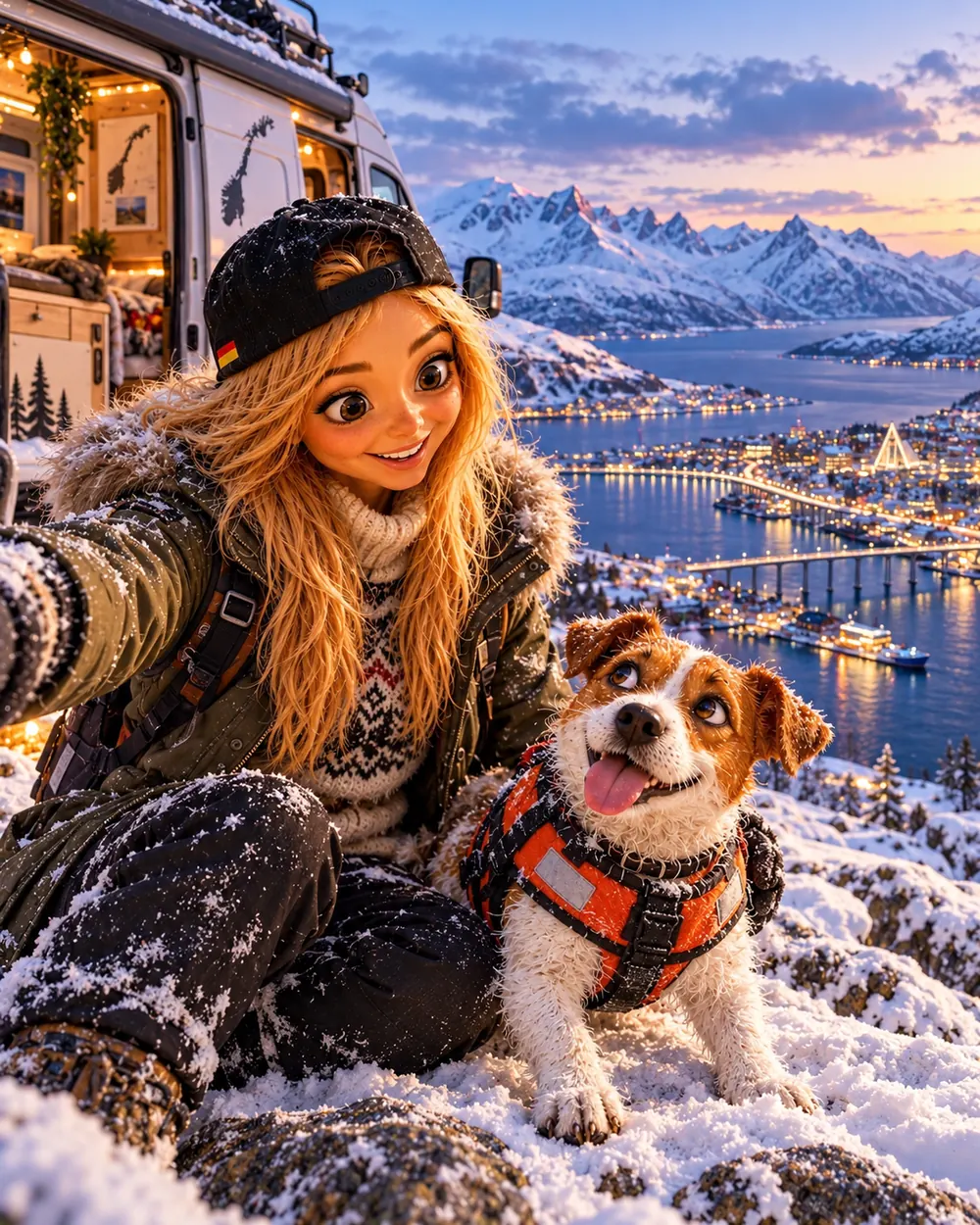 Bea macht mit Buddy ein Selfie im Schnee hoch über Tromsø