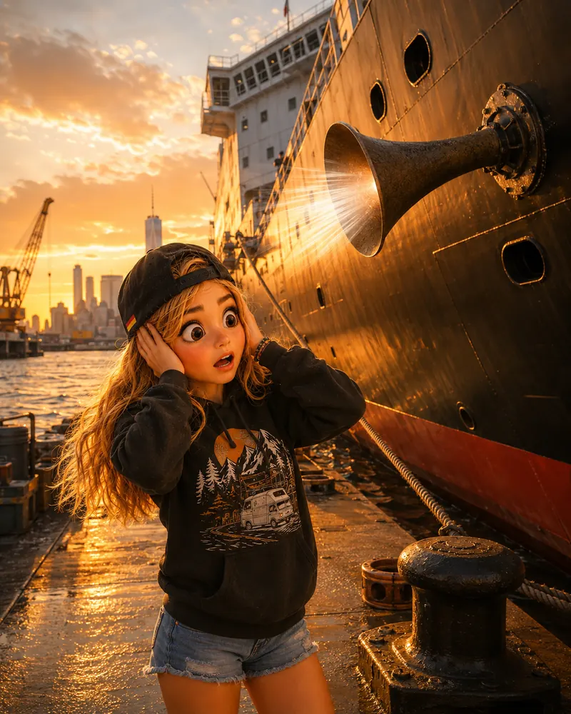 Bea hält sich am Hafen die Ohren zu, als das Schiffshorn ertönt