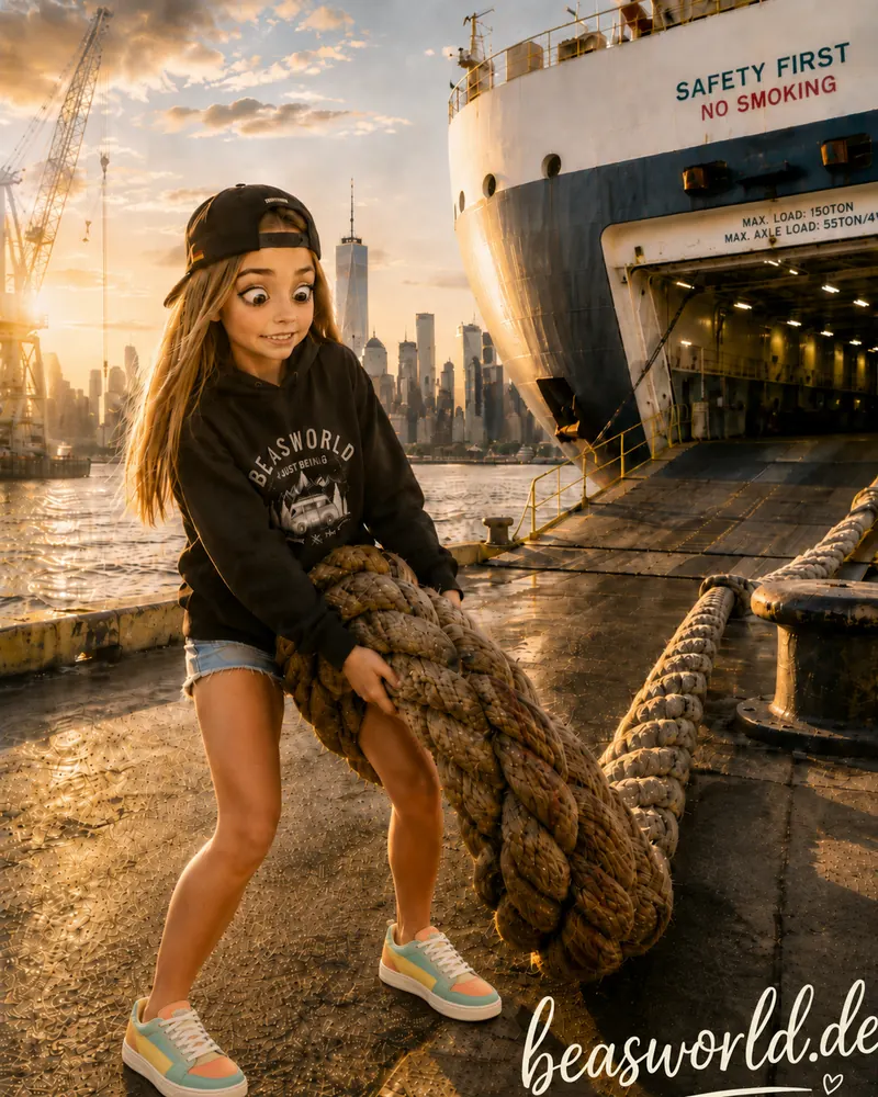 Bea zieht am Hafen von New York an einem dicken Schiffstau