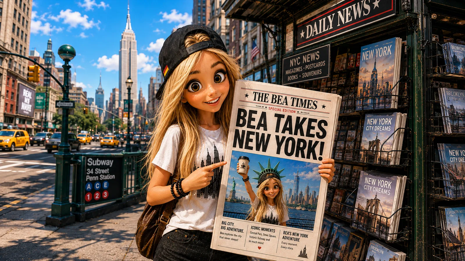 Bea hält eine Zeitung mit der Schlagzeile „Bea takes New York“