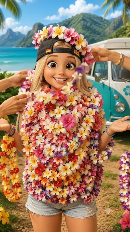 Bea mit vielen bunten Blumenketten