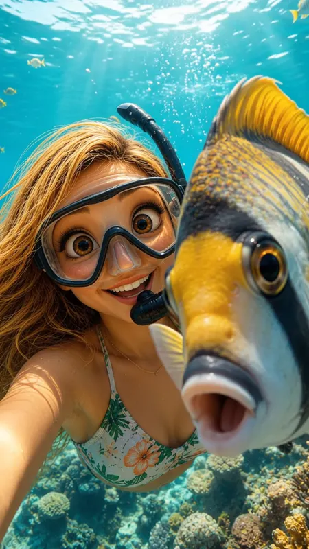 Bea beim Schnorcheln mit einem neugierigen Fisch