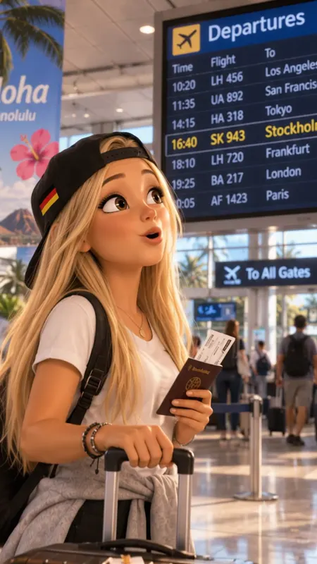 Bea am Flughafen Honolulu vor der Abflugtafel