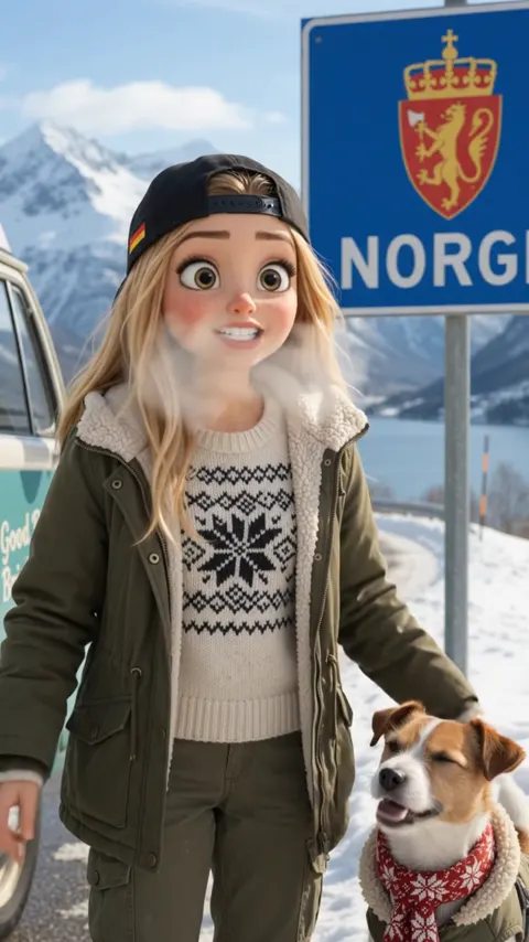 Bea friert am Grenzschild Norge, Buddy schaut aus ihrer Jacke