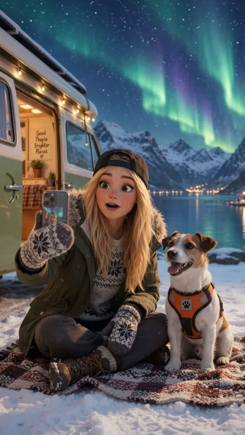 Bea und Buddy vor dem Camper unter dem Polarlicht
