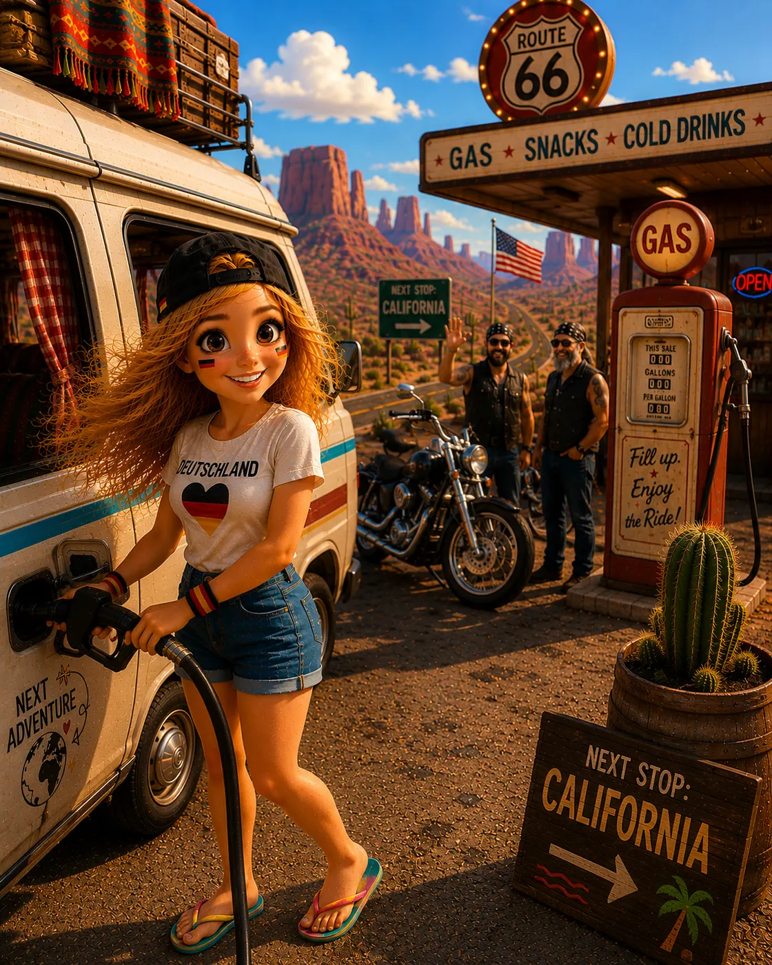 Bea an der Route 66 mit dem Camper