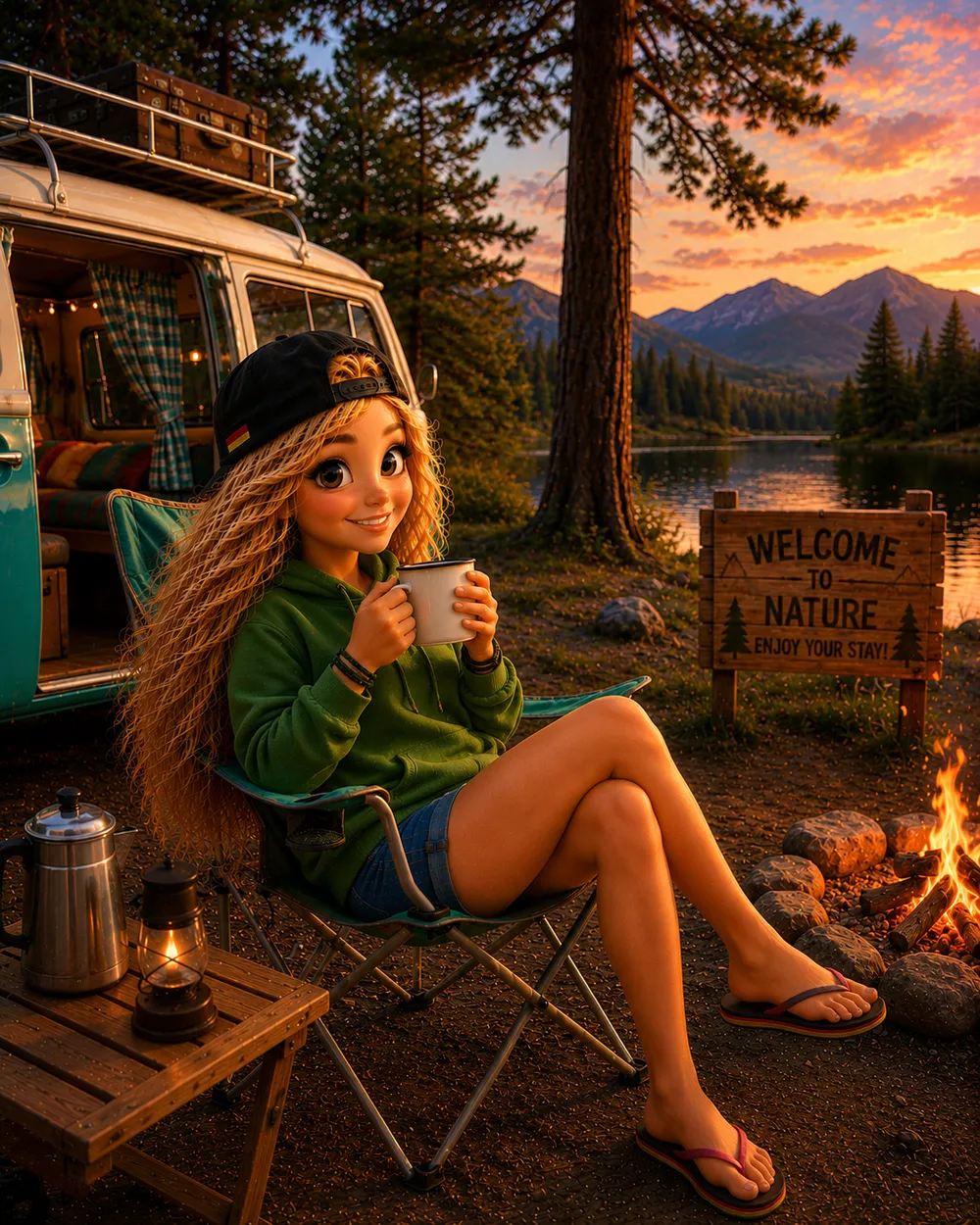 Bea am Lagerfeuer beim Camper