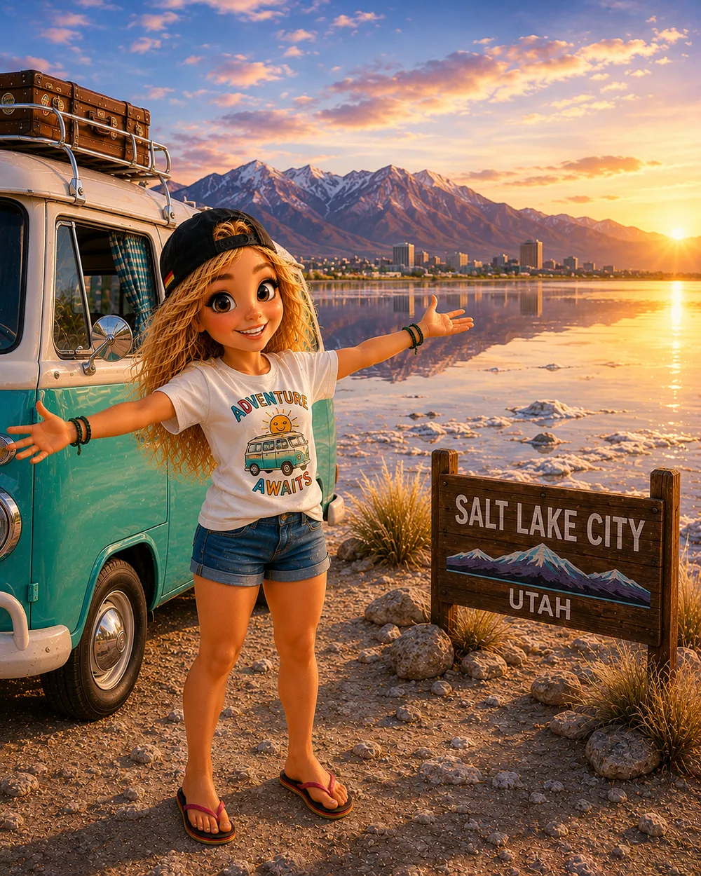 Bea am Ortsschild von Salt Lake City in Utah