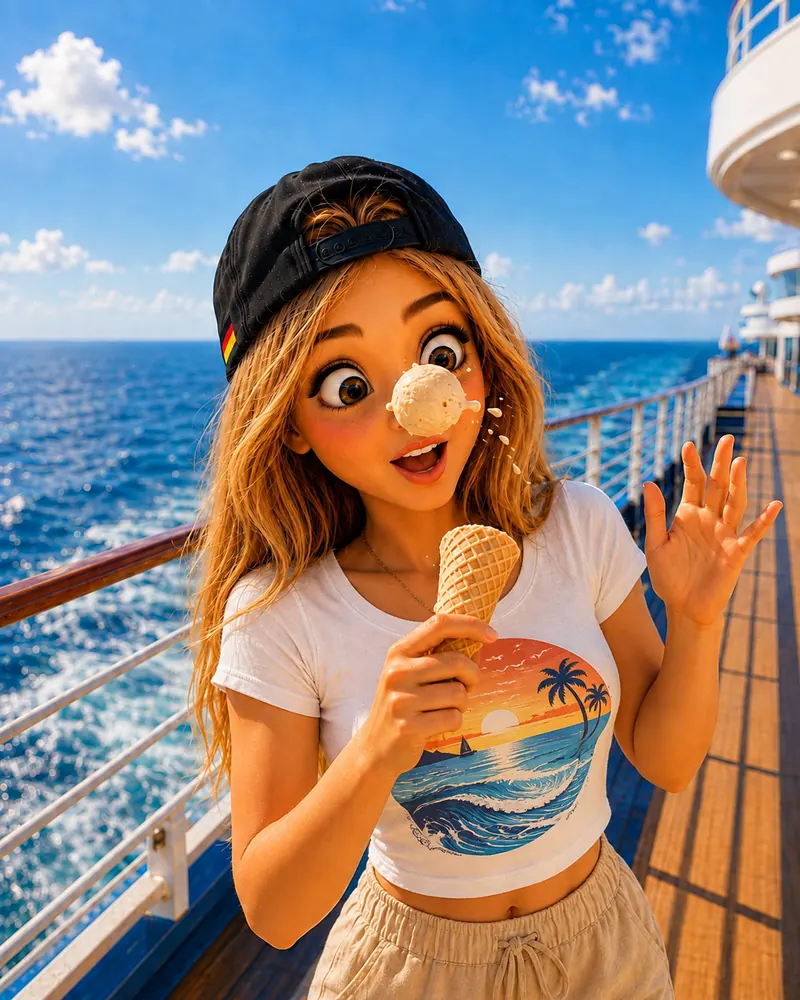 Bea mit Eiswaffel an der Reling