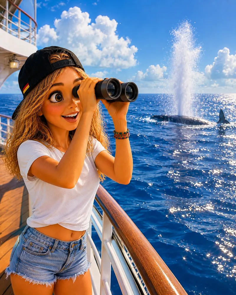 Bea beobachtet mit dem Fernglas einen Wal
