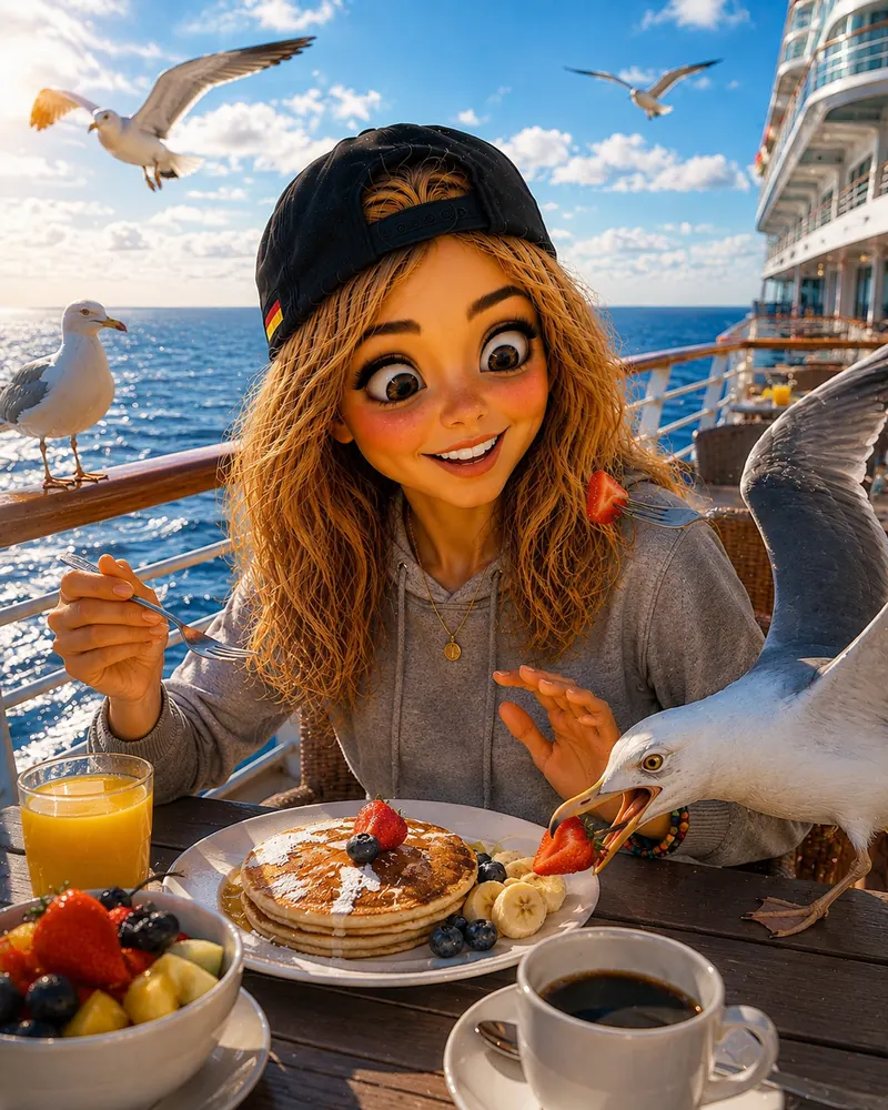 Eine Möwe stibitzt Bea das Frühstück an Deck