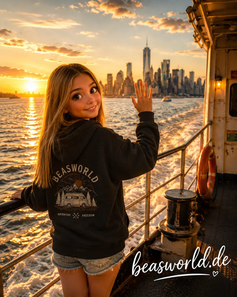 Bea winkt vom Schiff aus der Skyline von New York zu