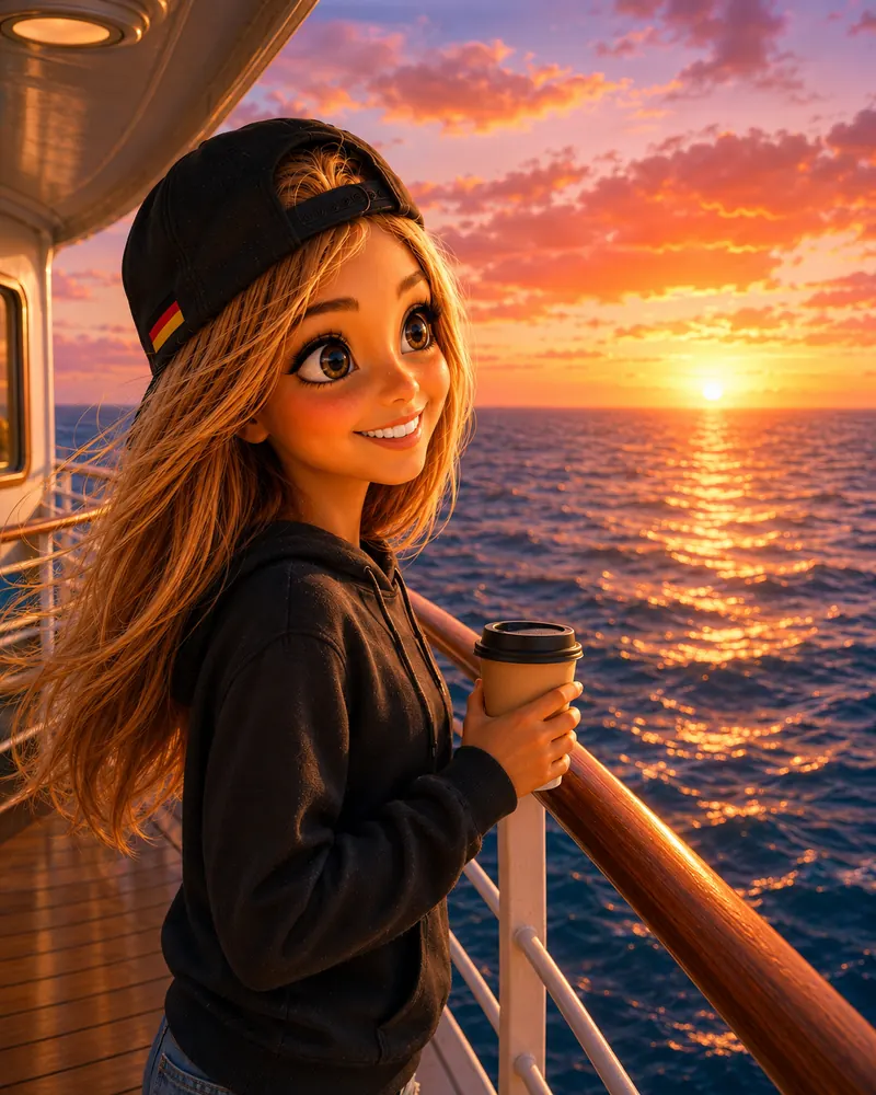 Bea mit Kaffeebecher an der Reling im Sonnenuntergang