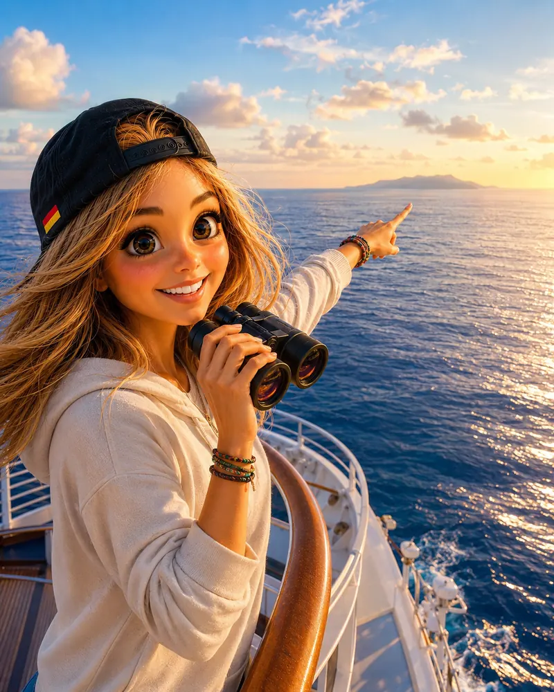 Bea mit Fernglas zeigt aufs Meer hinaus