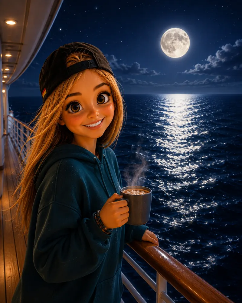 Bea mit heißem Getränk an Deck im Mondlicht